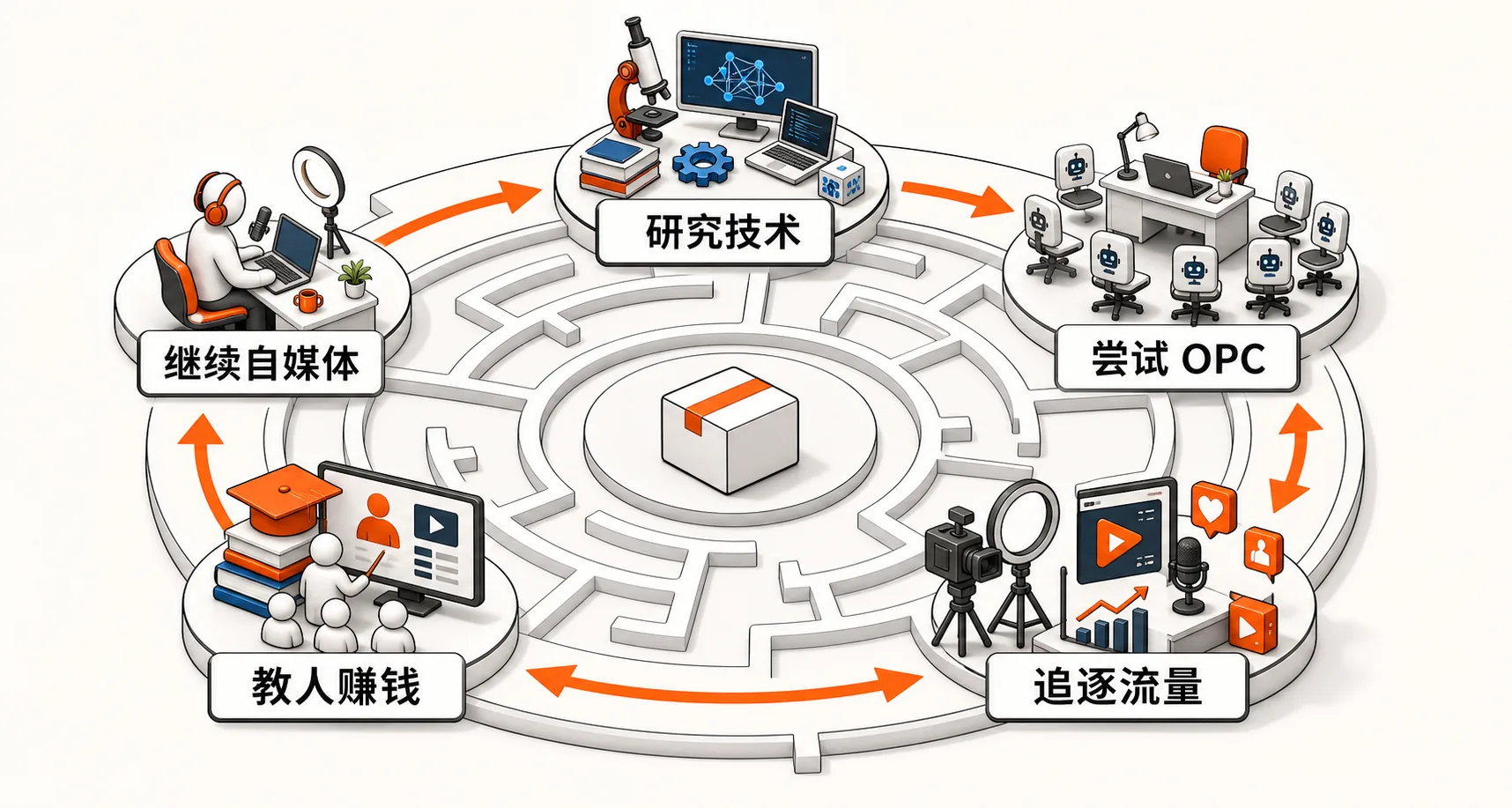 研究技术、尝试 OPC、追逐流量、教人赚钱和继续自媒体构成的循环
