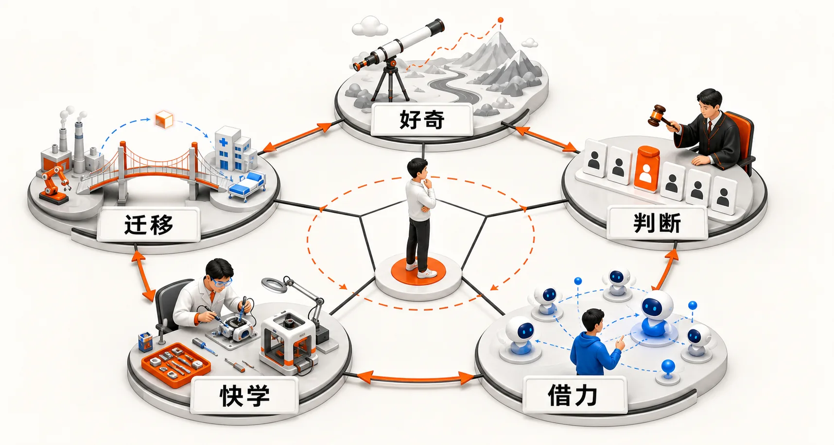 好奇、判断、借力、快学和迁移形成互相连接的能力系统