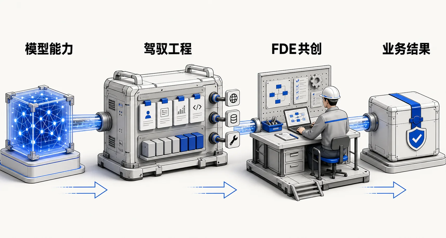 模型能力经过驾驭工程和FDE共创形成业务结果的交付链