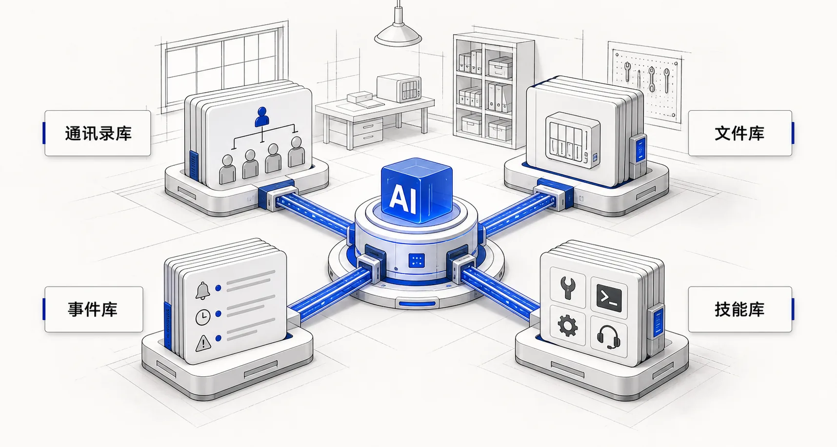 通讯录库、文件库、事件库和技能库围绕 AI 调度中心连接